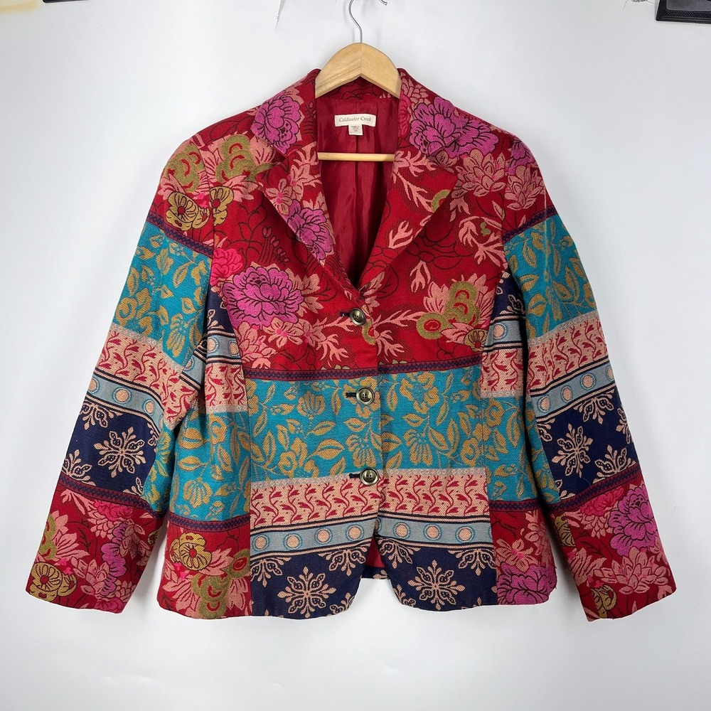 Coldwater Creek Womens Red Floral Patchwork Tapestry Blazer Jacket Size 20